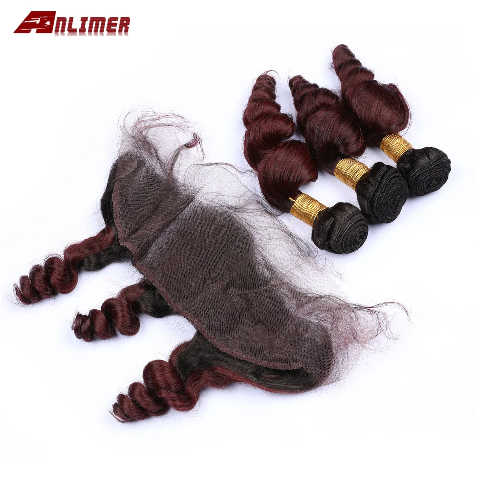 Anlimer 1B/99J Burgundy Bundles with Frontal 13*4 Peruvian Wave Human Hair Ombre 99J Non-Remy | Шиньоны и парики