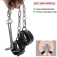 bdsm toys metal humbler ball stretcher for male with leather ankle cuffs pulling weight torture cruel abuse sex game for men