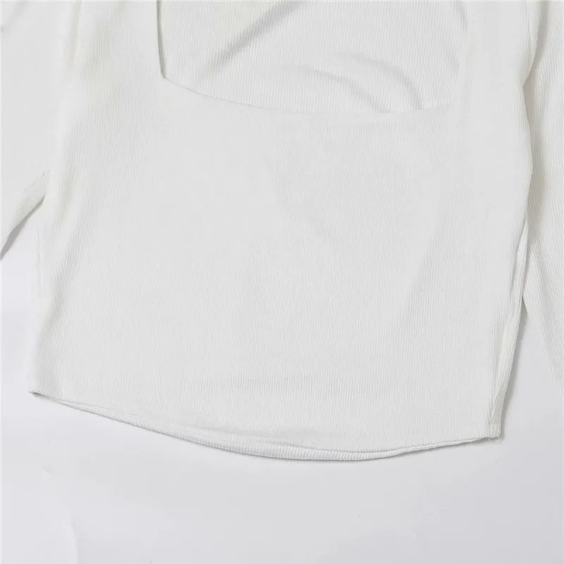 

Vintage Square Collar Long Sleeve Female Tops Mujer Women Sexy Fashion Fitted Cropped Ribbed Knitted T-Shirt