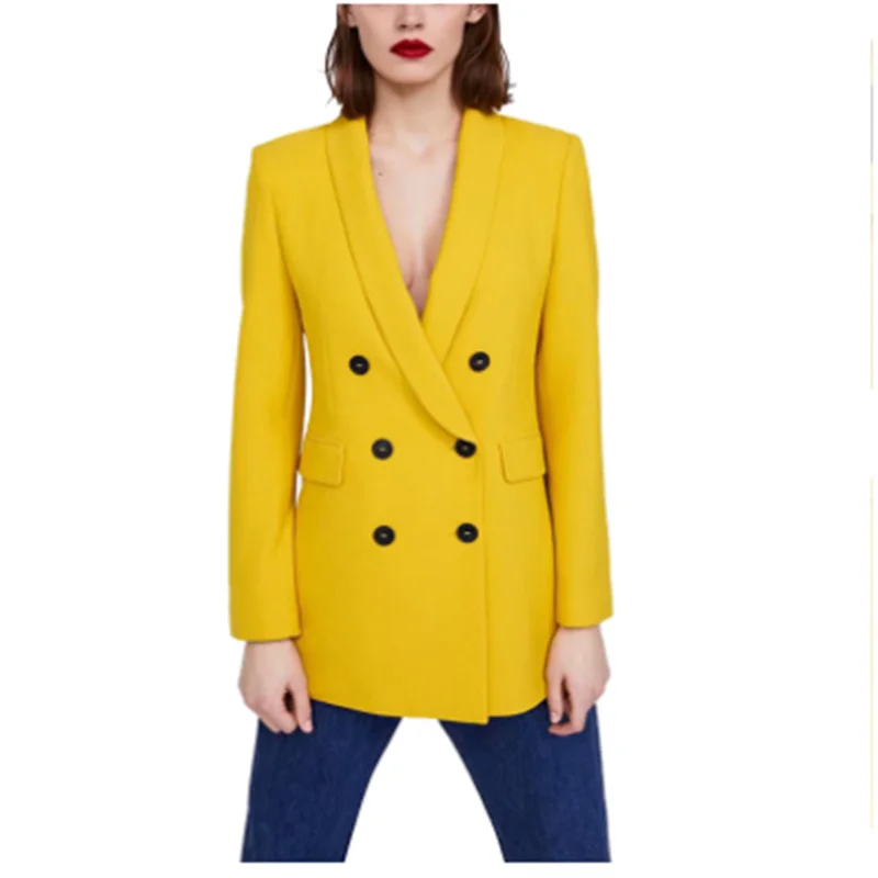 

za Yellow Blazers Women Double Breasted Lapel Full Sleeve Casual Jacket Women Autumn Spring Elegant Slim Blazer Coat Female