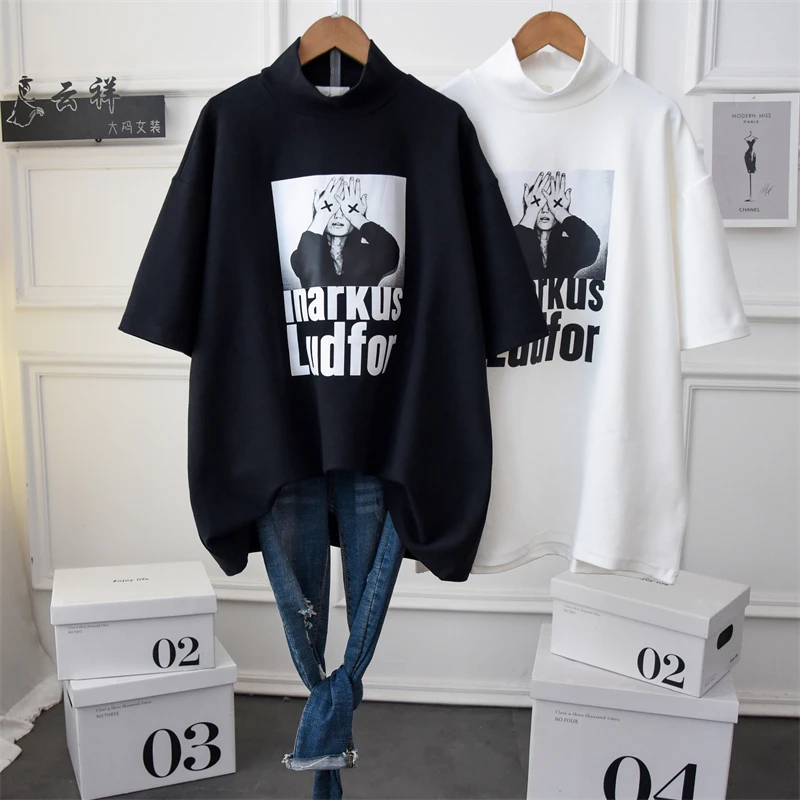 

Winter Women Short Sleeve Thick Warm Pullover Tops 2021 BF Style Large Size Turtleneck Cotton Oversized Tee Shirt Streetwear