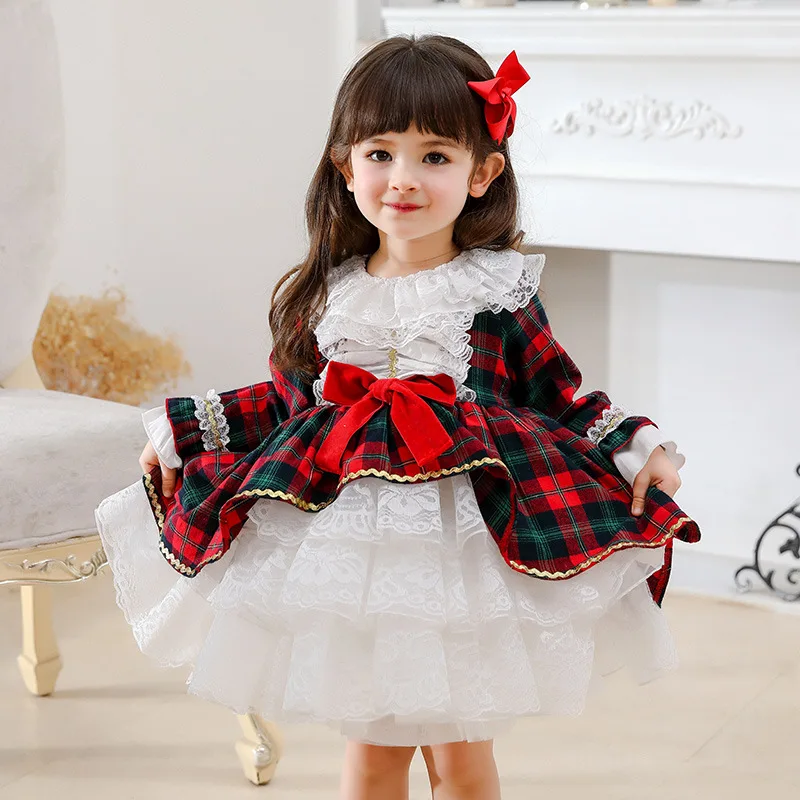 

2y Origin Girls Party Dresses Infant Lolita Spanish Court Style Baby Lace Plaid Layered Drees Children's Party Princess Dress