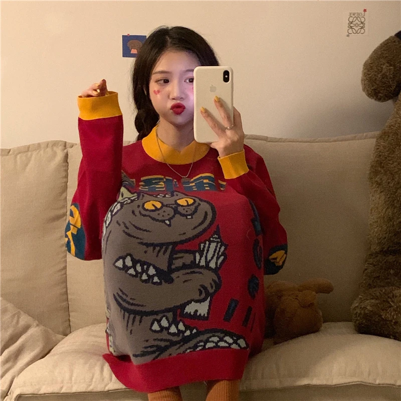 Свитер женский вязаный с вышивкой в стиле харадзюку | Женская одежда