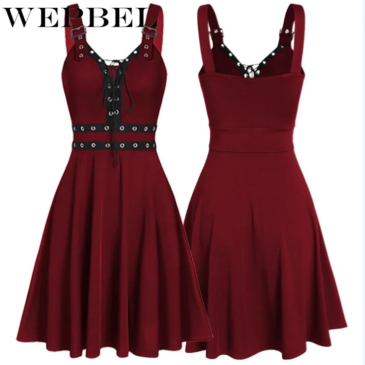 

WEPBEL Plus Size New Women's Dress Fashion Gothic Punk Style Dress Patchwork Bandage Sling Dress