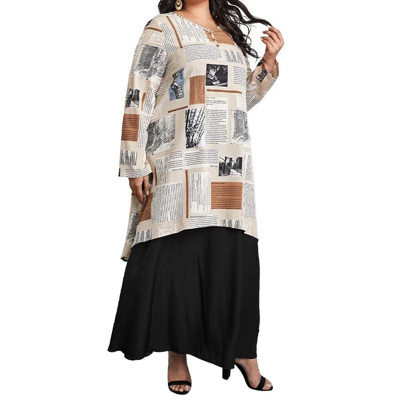 

Spring New Fashion American Style Women Plus Size Fake Two Pieces Vintage Print Long Dress Female Round Neck Casual Loose Robes