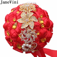 janevini 2020 luxurious gold diamond wedding flowers bridal bouquets red bling crystal beaded wedding bouquet rose bride brooch