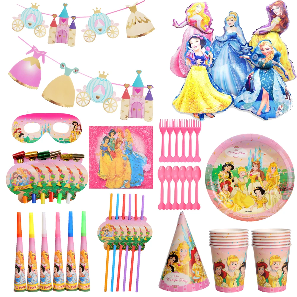 

Disney Princess Birthday Decorations Party Supplies Disposable Paper Cup Plate Napkin Banner Baby Shower Girl Favors Toy