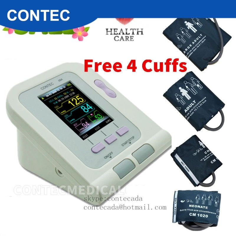 CE FDA цифровой монитор артериального давления, CONTEC08A цветной ЖК-дисплей 4 Бесплатные манжеты, программное обеспечение ПК