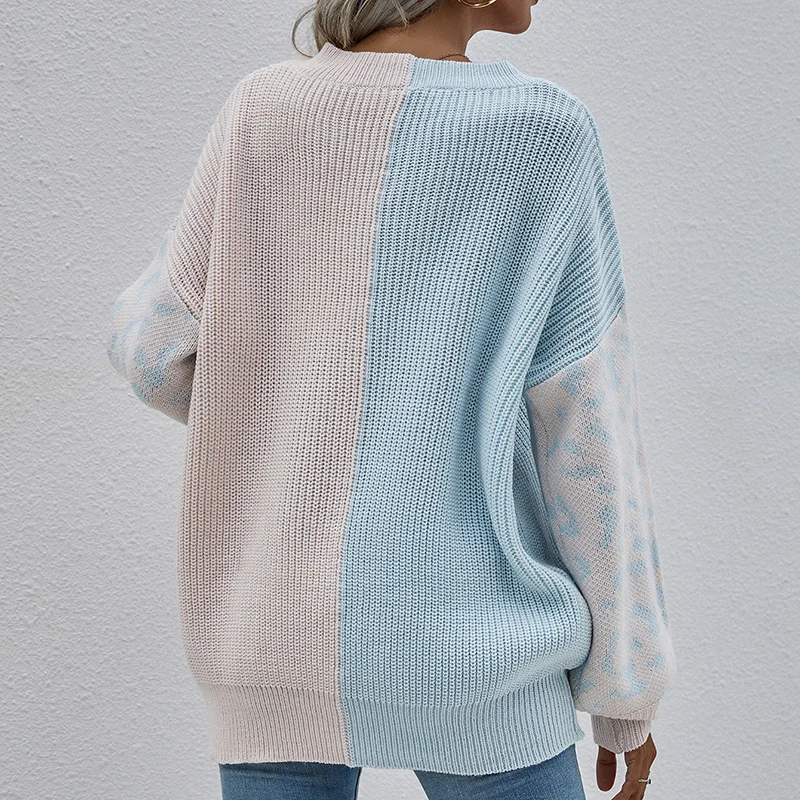 

Elegant Color Matching V-Neck Women Sweater Casual Lady Long Sleeve Patchwork Leopard Knitted Tops Autumn Loose Femme Pullover