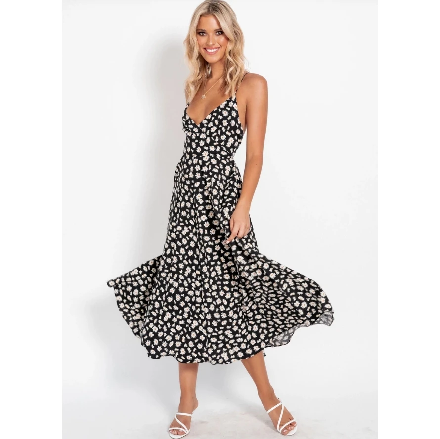 Модное женское богемное Цветочное платье с v образным вырезом открытой спиной