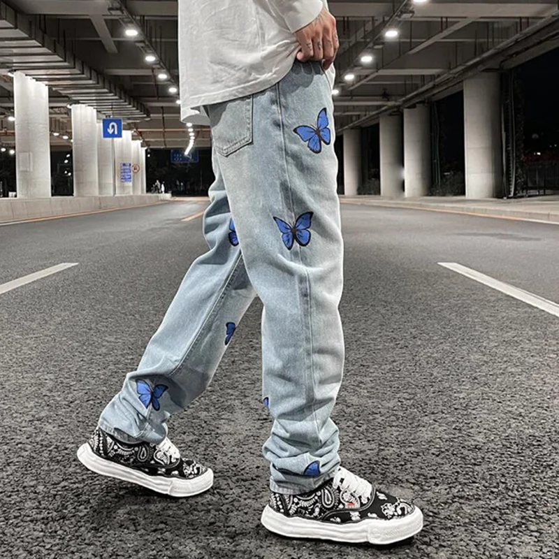 Mens for Jenas Harajuku Straight Butterfly Pants Retro Print Washed Blue Vibe Style Ripped Casual Denim Trousers Oversized