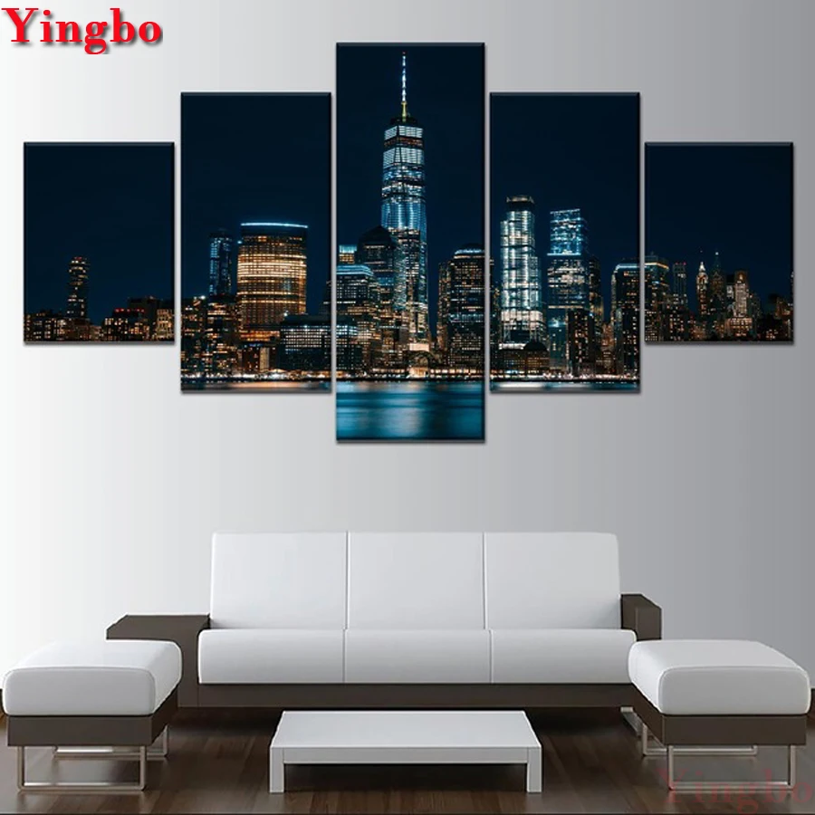 

5 PCS DIY 5D Diamond Embroidery Night view of city buildings Diamond Mosaic Square Round Diamond Painting Cross Stitch Kits