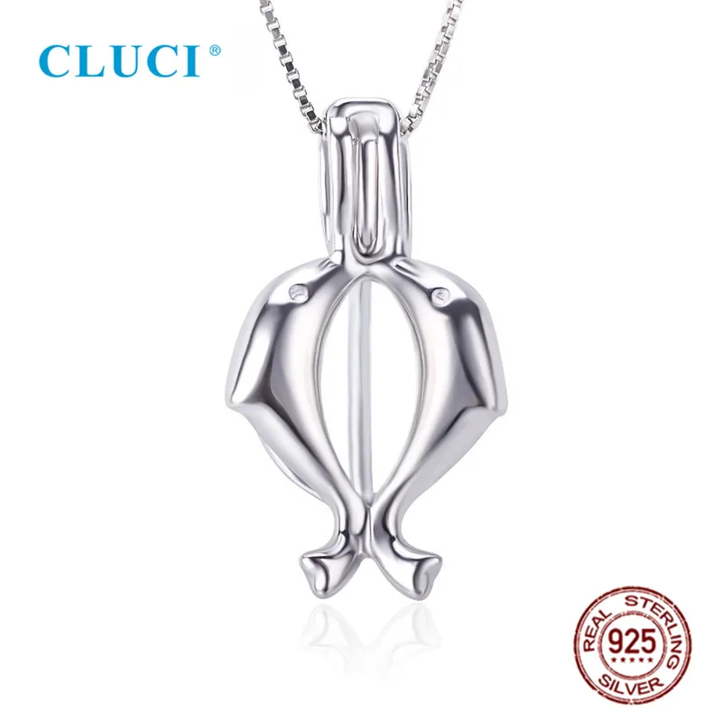 

CLUCI 3pcs Cute Animal Double Dolphin 925 Sterling Silver Wish Pearl Pendant Locket for Women Necklace Jewelry Making SC007SB