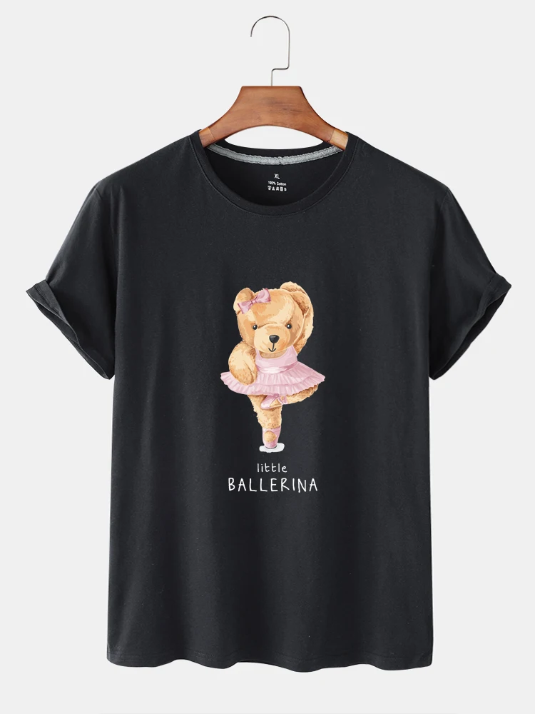 

100% Cotton Ballet Bear Print Short-sleeved T-shirt Female Summer Casual Short-sleeved Couple Oversized T-shirt Ladies Shirt 4XL