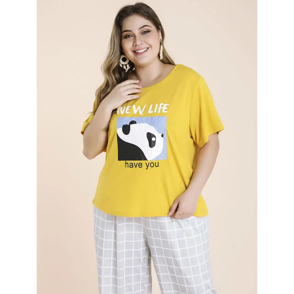 Футболка с принтом панды топ и штаны в клетку комплект из двух предметов весенняя