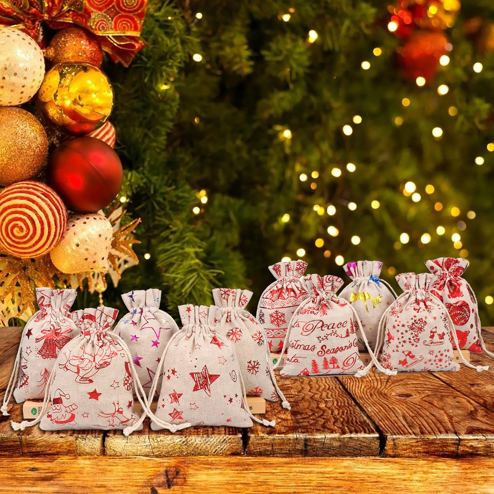 

1 шт./лот Рождественская сумка из натурального льна, джутовый Подарочный пакет, подарочные пакеты на шнурке с ручками, подарочная упаковка в...