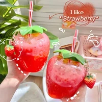 ins summer cartoon kawaii strawberry plastic straw cup lovely girl milk tea coffee cups student portable cold drink water bottle