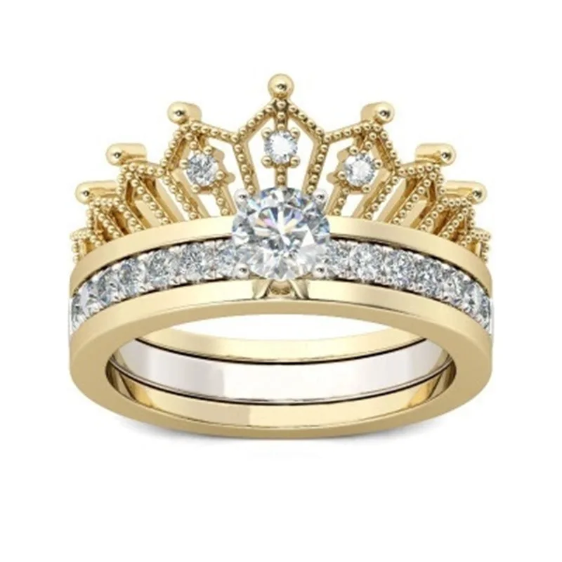 

2pcs / Set Fashion Simple Crown Ring Gold Plated Zircon Ring Bridal Wedding Jewelry Party Accessories Anniversary Gift