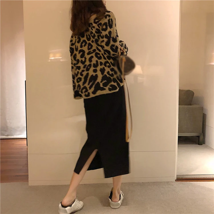 Свитера с длинными рукавами Модный женский леопардовый пуловер круглым вырезом