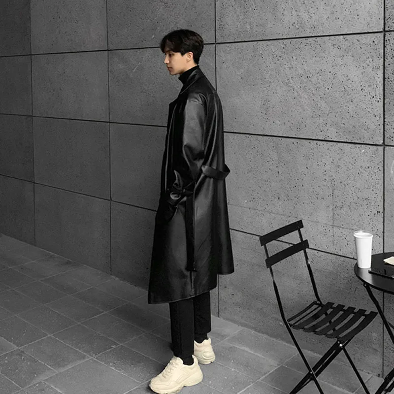 Тренчкот мужской кожаный винтажный двубортный плащ уличная одежда в стиле хип