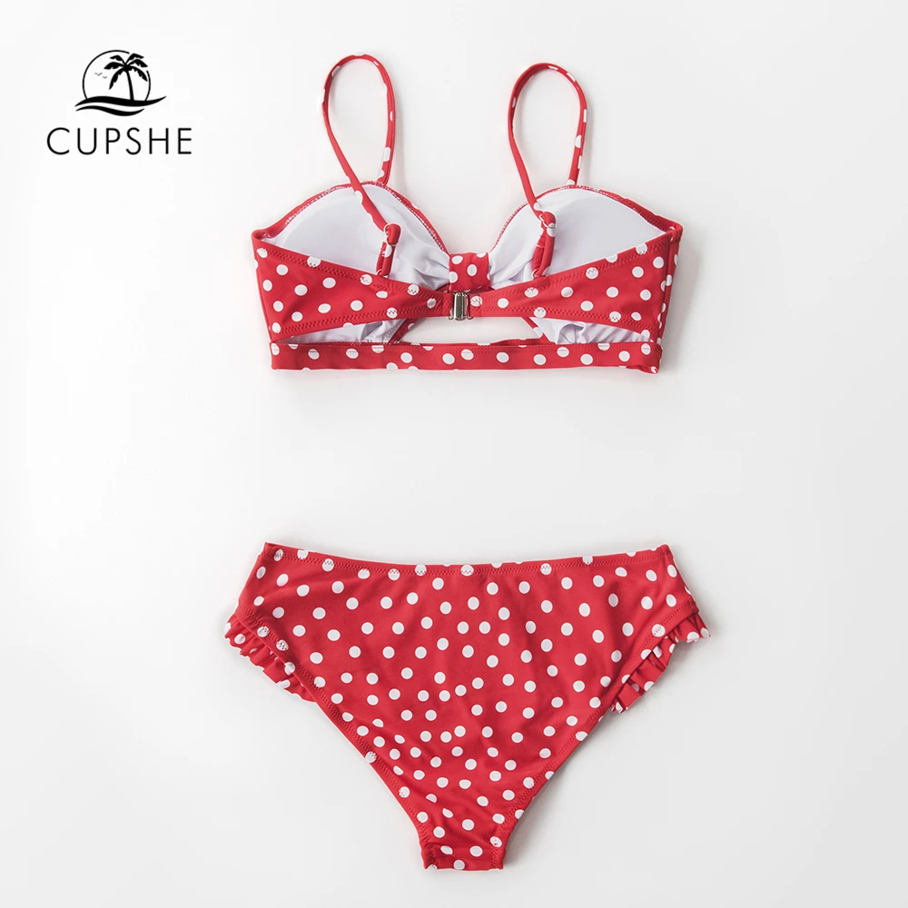 Красный бикини в горошек CUPSHE пикантный купальник с оборками и подкладкой из двух