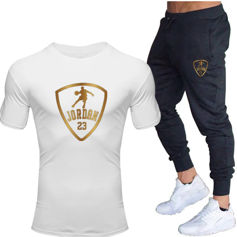 

2021 new summer men's T-shirt + pants suit two-piece men's casual sportswear fashion printing suit short sleeve + sports pants