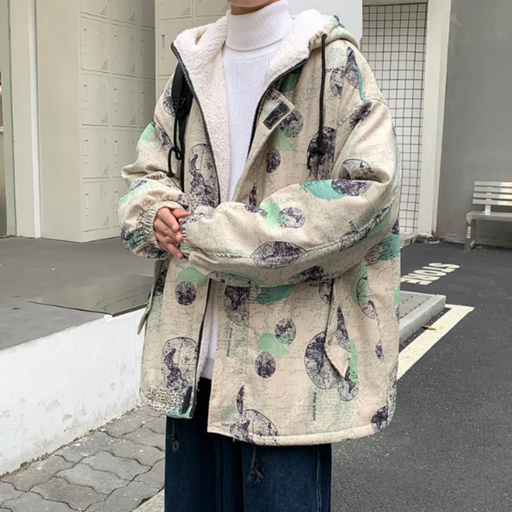 

Winter 2020 Graffiti Printed Men's Casual Lambs Wool Padded Jacket Hooded Loose Cotton Padded Jacket Plus Size M-5XL