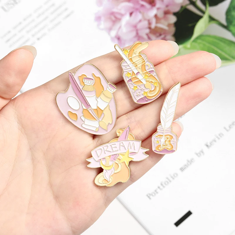 Эмалированная брошь Dream brush розовая фиолетовая романтическая бижутерия булавка