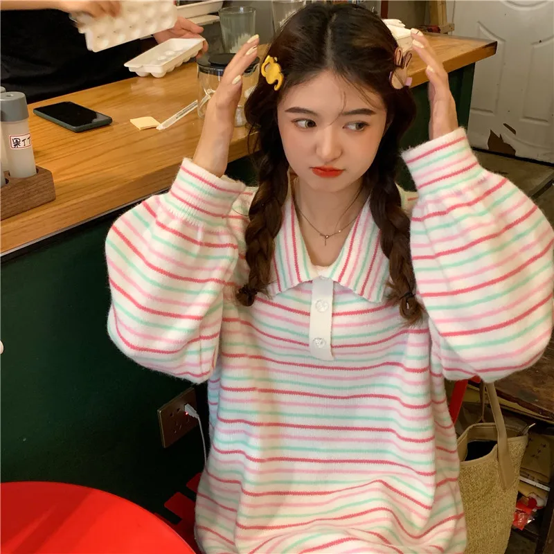 Полосатый свитер женские пуловеры Ulzzang Harajuku шикарный модный милый мягкий теплый