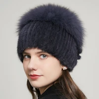 ladies winter mink fur hat knitted real mink fur fox fur cap female russian warm wool hat good ladies fur cap 20gyr 03