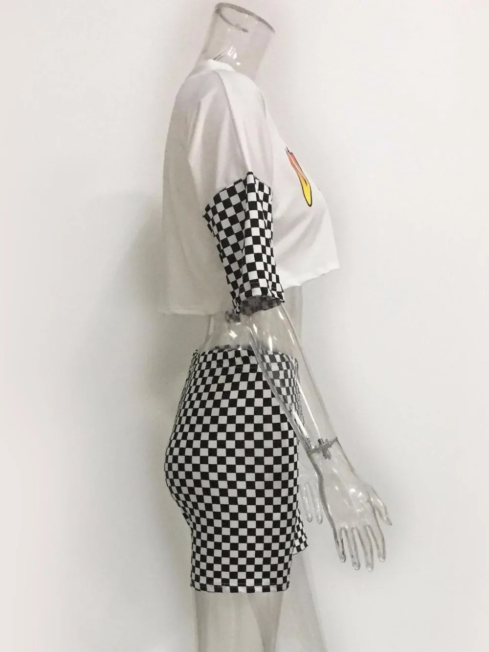 

Summer fashion sexy casual womens clothing two pieces set print cotton white black grid crop top elastic waist grid shorts suit