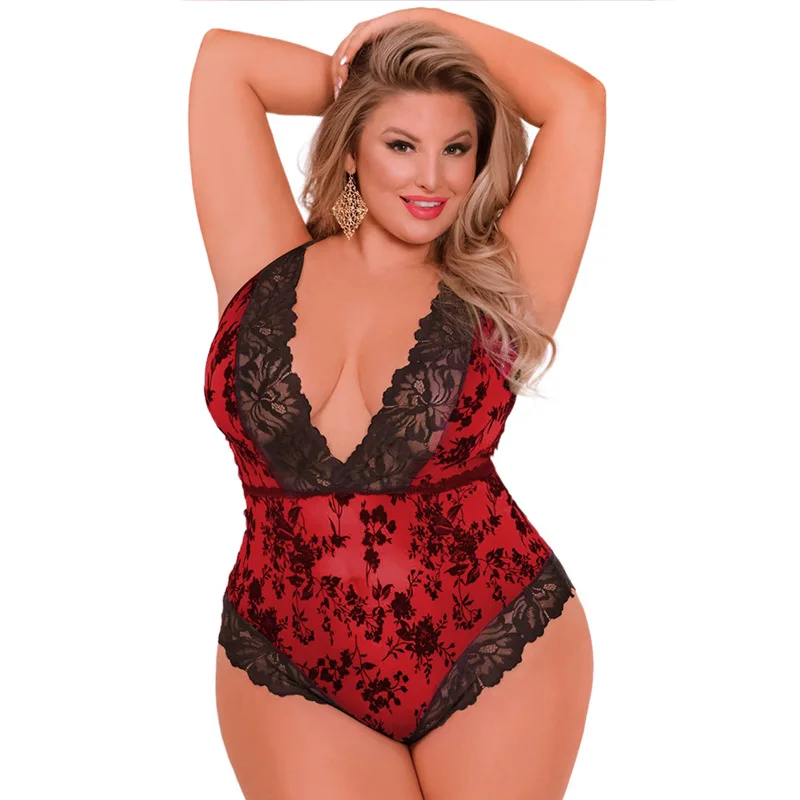

SEBOWEL Sexy Sleeveless Deep V-neck Women's Bodysuits Plus Size Female Sheer Lace Trim Patchwork Backless Body Tops Clothes 5XL