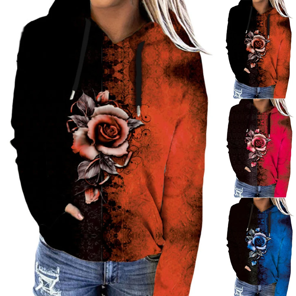 

Samdolly Women's Rose Print Hot Sale Colourblock Ladies Casual Comfy Sports Hodded Jumper Pullovers 2021 Winter Warm Cotton