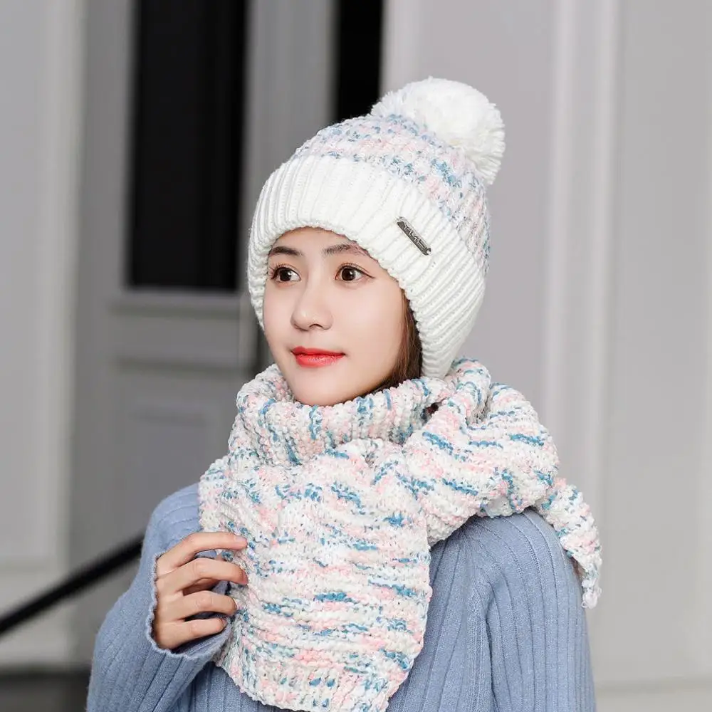 Женский Зимний вязаный комплект из шапки и шарфа плотная теплая вязаная шапка