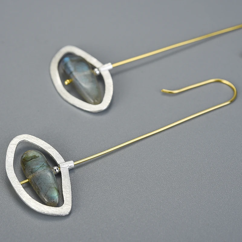 Lotus весело Настоящее серебро 925 проба Натуральный Лабрадорит Fine Jewelry вращающийся глаза мира длинные Длинные Висячие серьги для Для женщин