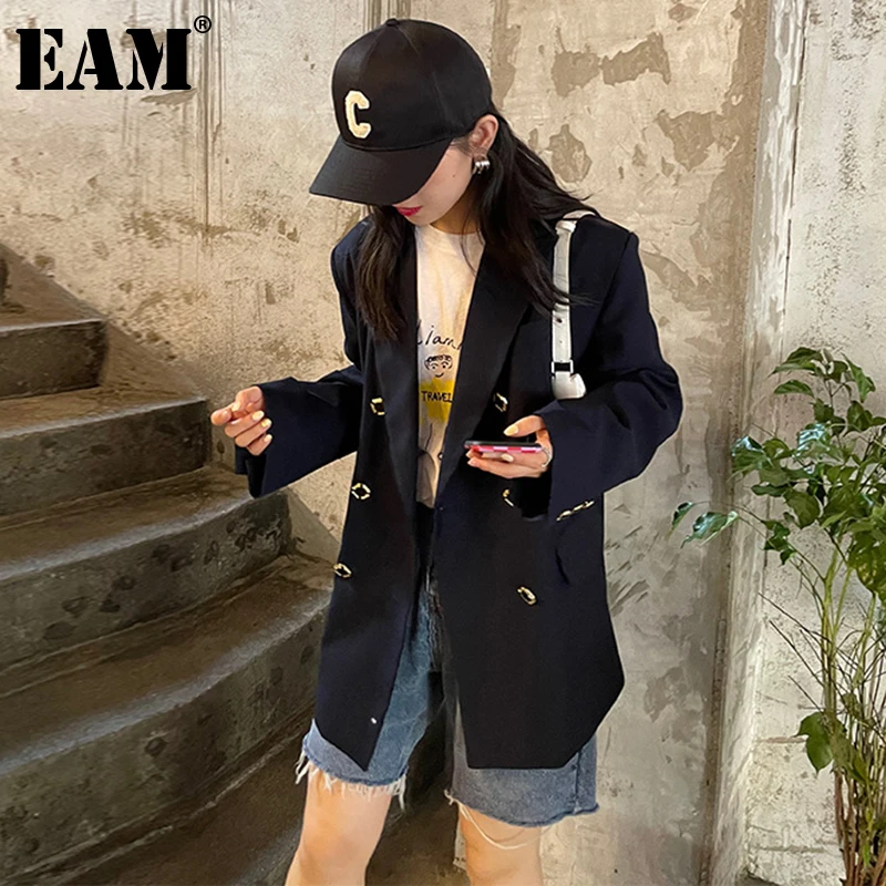 

[EAM] Women Dark Blue Big Size Double Breasted Blazer New Lapel Long Sleeve Loose Fit Jacket Fashion Spring Autumn 2021 1DE1413