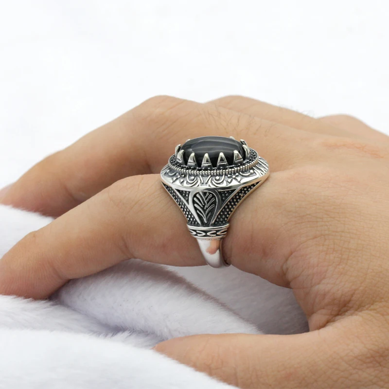 

New hot men's ring S925 sterling silver jewelry ring Turkish silver ring inlaid natural stone stone black ring