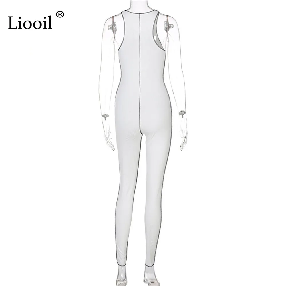 

Liooil Patchwork Knitted Ribbed Bandage Jumpsuits For Women Sleeveless V Neck Drawstring Bodycon Rompers Knitwear White Jumpsuit