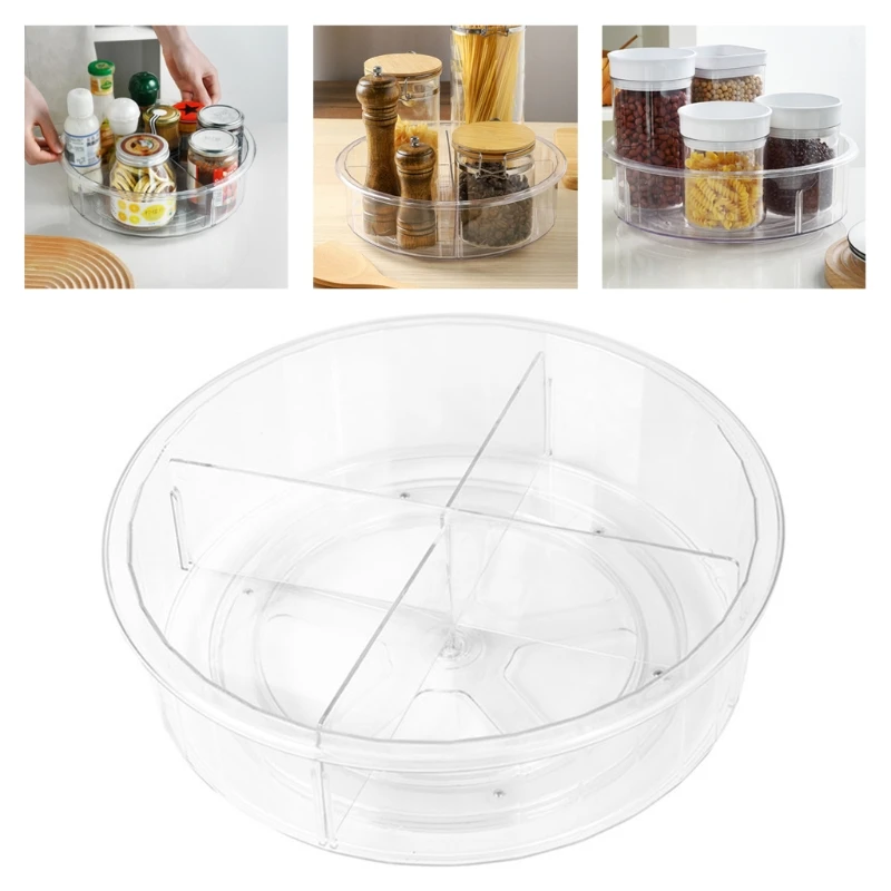 

9/12 Inch Round Clear 360 Rotation Cabinet Organizer with Dividers Turntable Plastic Food Storage Container Spice Rack for