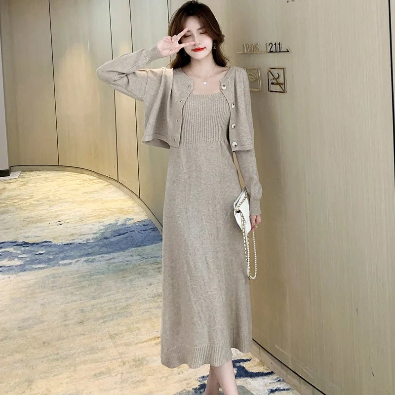 

High Quality Knitted Two Piece Set Women Crop Top Sweater Cardigan + Sexy Spaghetti Strap Long Dress Suits Causal 2 Piece Set