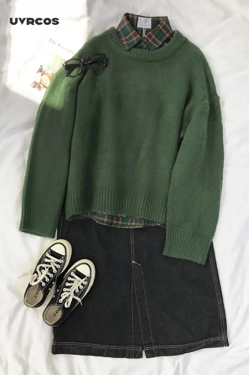 

UVRCOS Dark Green Round Neck Pullover Sweater Long Sleeve Warm Autumn Pullovers Jumper