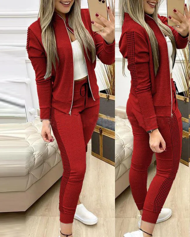 

2021 long sports leisure stitching plaid leisure suit
