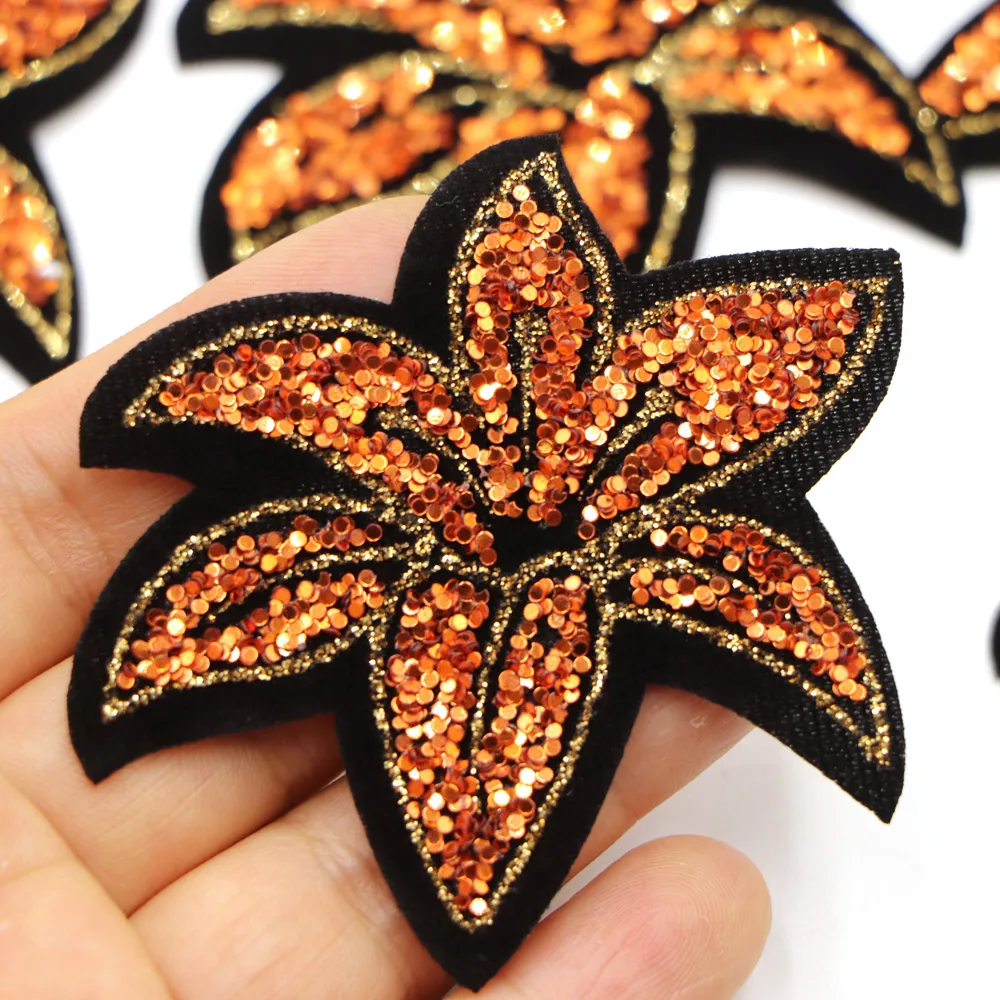 5PCS/lot 6CM ORG Sequin Flowers Patches Iron On Embroidery Rhinestone Applique For Women Kids Clothes Hats Dress Bags |