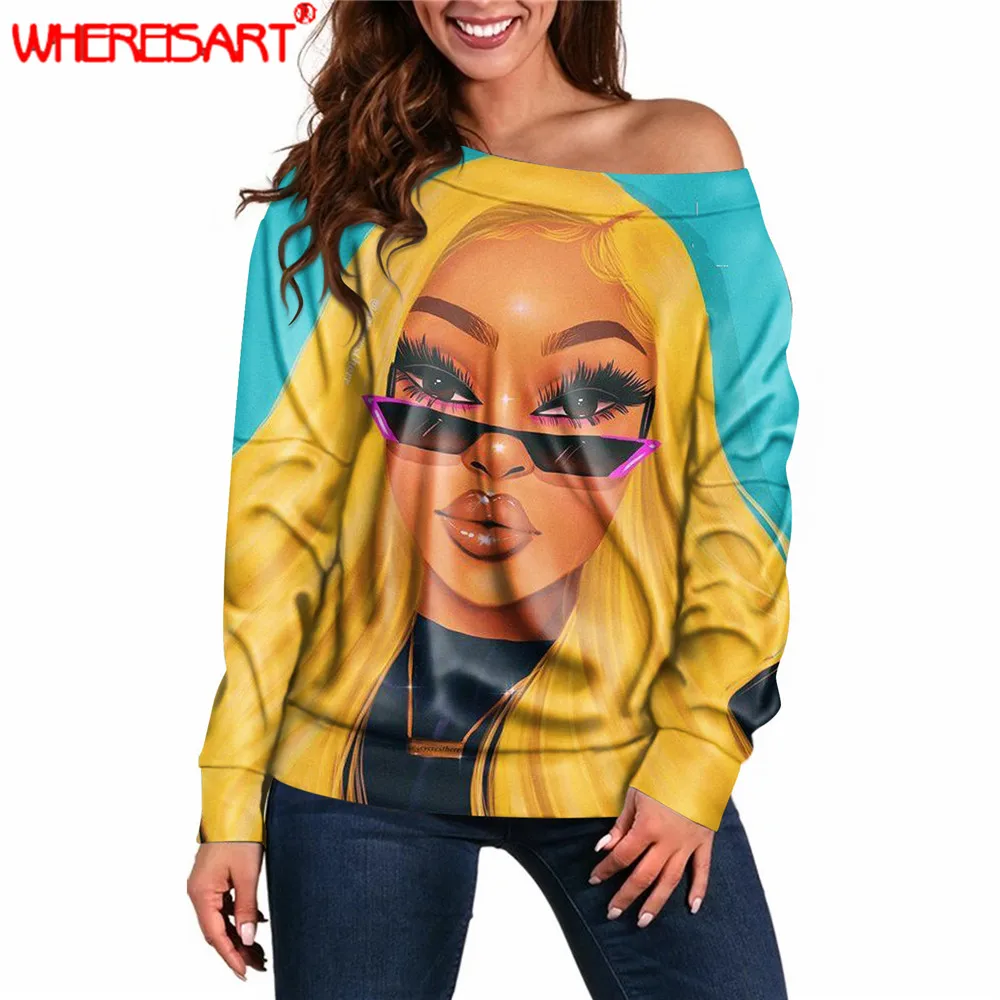

WHEREISART Melanin Magic African Black Girl Hair Art Loose Shirt Fashion Lady Off Shoulder Tees Tops Female Elegant Tops Chic