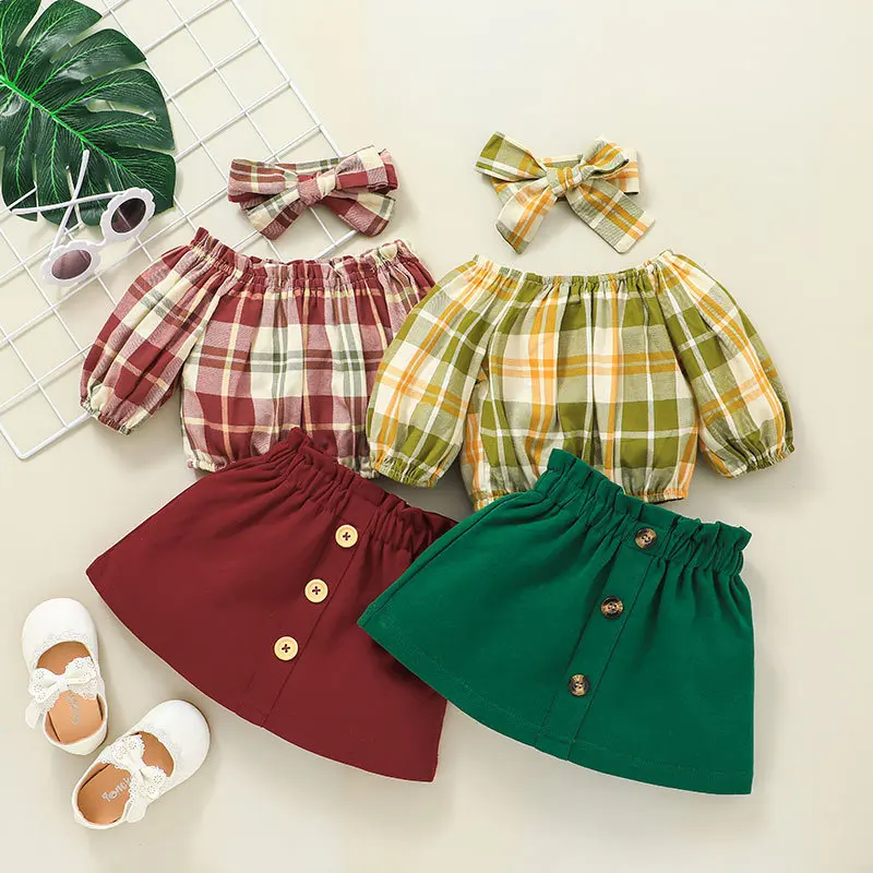 

Newborn Autumn Lantern Sleeve Plaid Tops Solid Short Skirt 2PCS Baby Girl Retro Fashion Cotton Dress Toddler Outfits Dresses Set