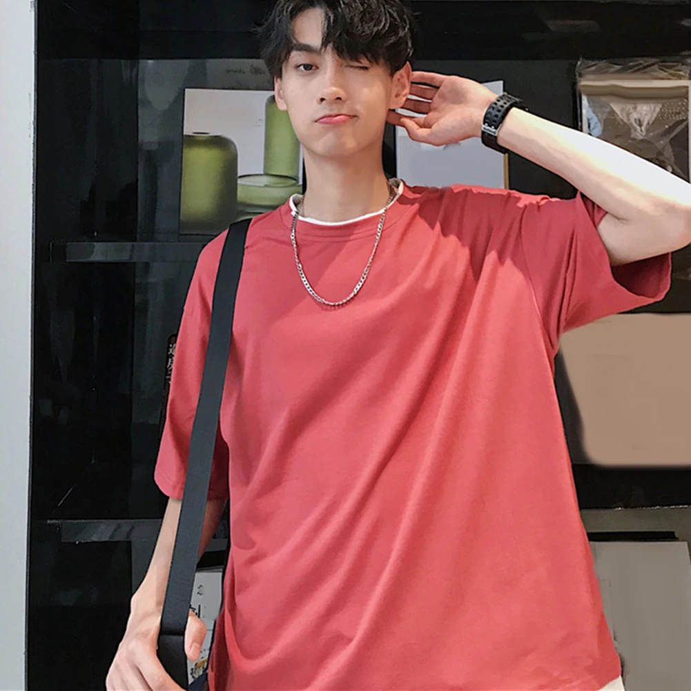 Однотонная мужская Свободная блузка с короткими рукавами и круглым вырезом