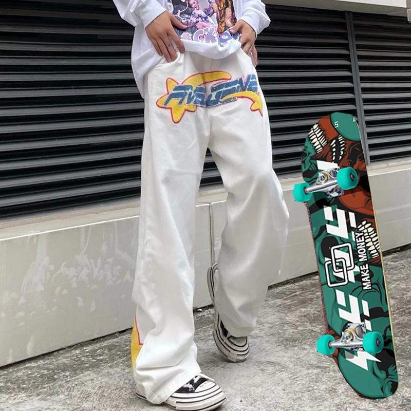 

Women's Jeans High Street Straight Leg Loose jeans Yellow and blue star velvet embroidered pants Hip Hop jeans Skateboard pants