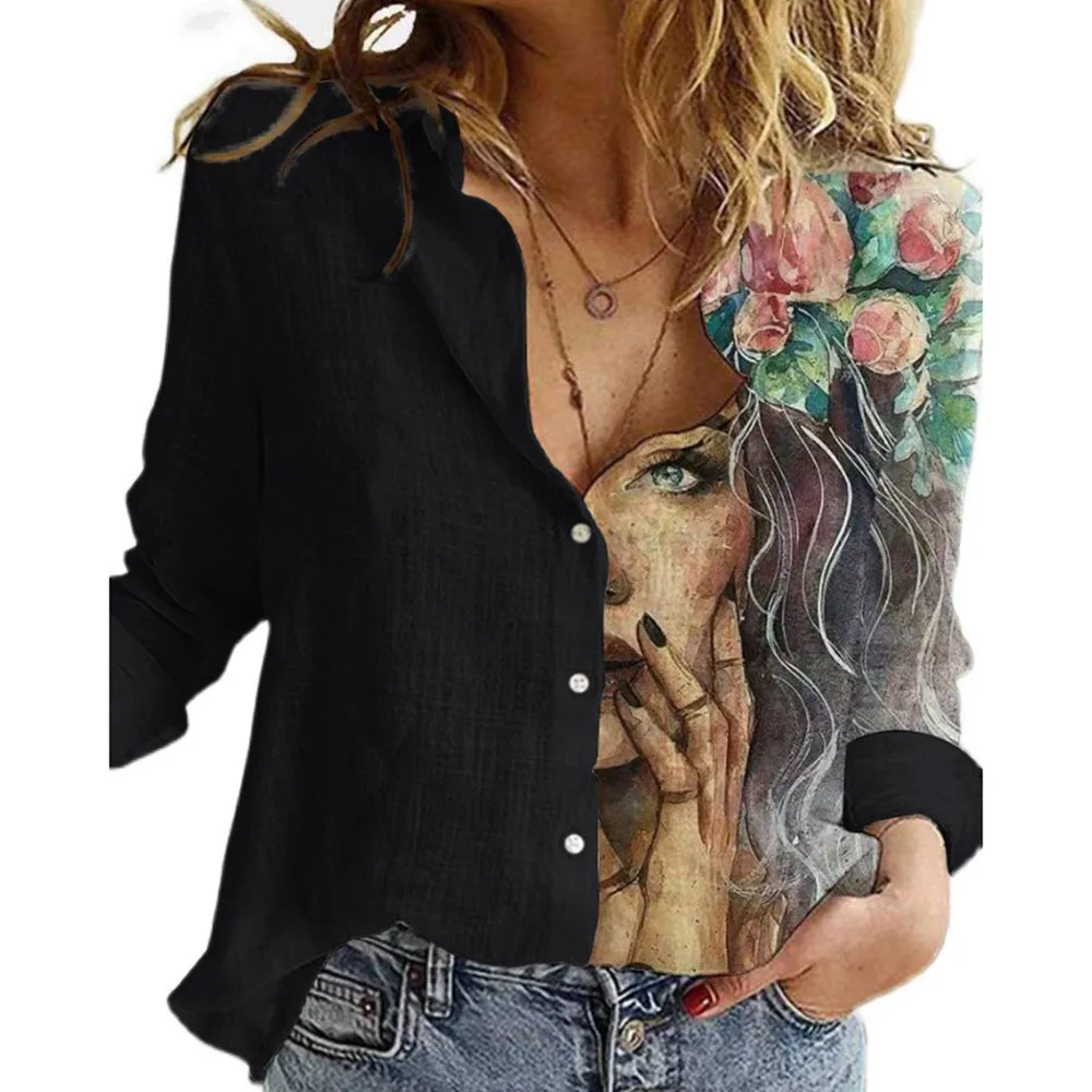 

Casual Fashion New Graffiti Printing Long Sleeved Loose Lapel Single-breasted Spring And Autumn Temperament Women's Shirt 2021