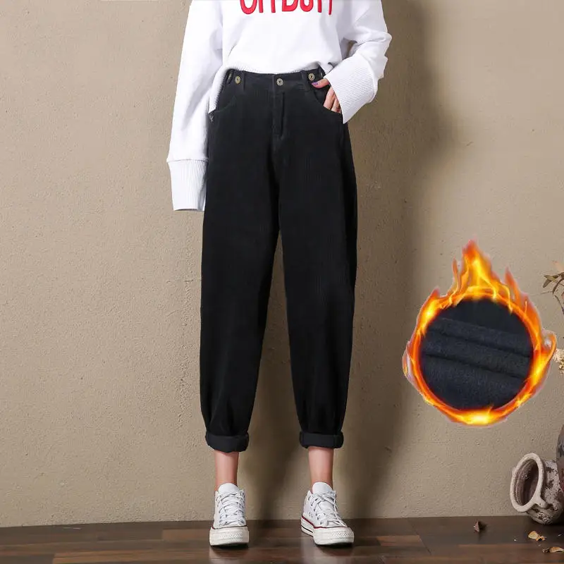 Black plus velvet Винтажные вельветовые брюки женские брюки свободные шаровары с высокой талией осенние зимние повседневные уличные штаны для мамы Pantalon Femme Q1924 - Цвет: Black plus velvet