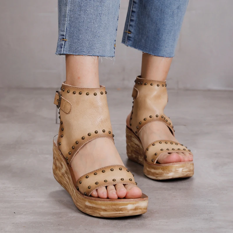 

Original Women Sandals Wedges 6.5 cm High Heel Slides Slope Heel Fish Mouth Shoes 2021 Spring Summer Genuine Leather High Top